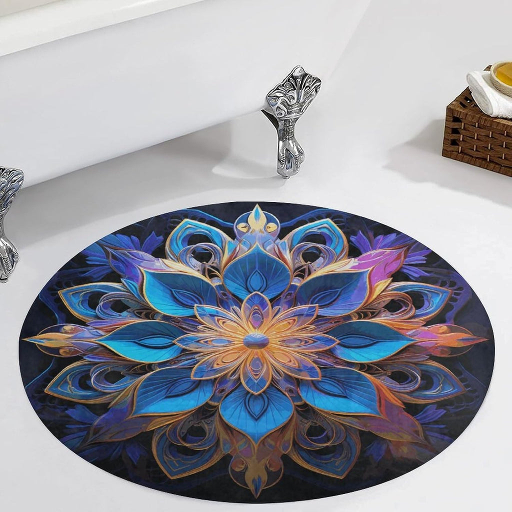 Rectangle Mandala Coral Velvet Round Floor Mat Non-Slip Bath Rug Floor Covering for Bathroom Vanity Guest Suite & Vacation Home