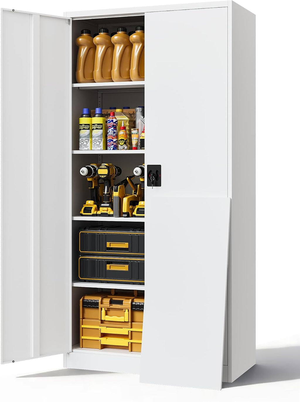Metal Storage Cabinet with Lock,Lockable Garage Cabinet with 2 Doors and 5 Adjustable Shelves,Tall Steel Cabinets for Garage,Workshop,Gym,School
