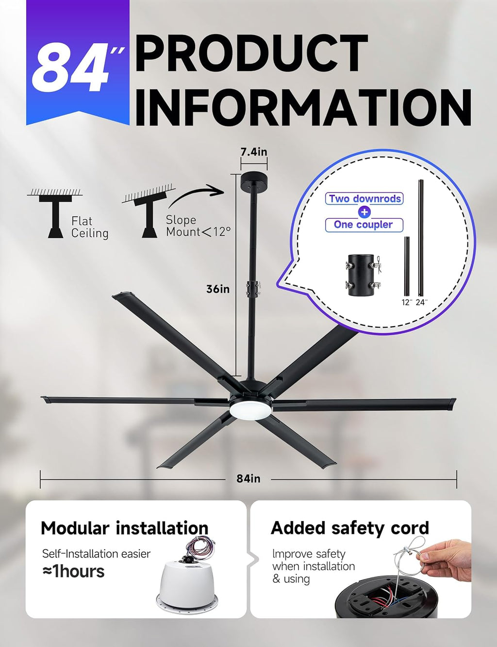 84In Large Ceiling Fan with Black Aluminum Blades,Industrial Ceiling Fan with Dimmable Light,12'/24' Downrod,Extension Coupler,6 Speed,Noiseless DC Motor Indoor Outdoor Covered Patio,Commercial
