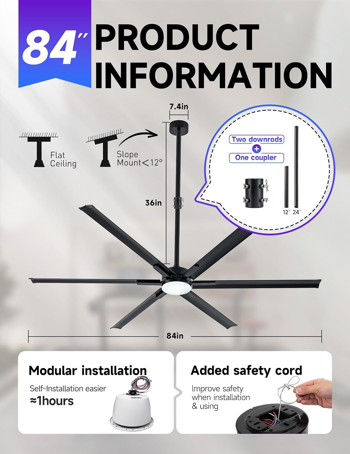 84In Large Ceiling Fan with Black Aluminum Blades,Industrial Ceiling Fan with Dimmable Light,12'/24' Downrod,Extension Coupler,6 Speed,Noiseless DC Motor Indoor Outdoor Covered Patio,Commercial