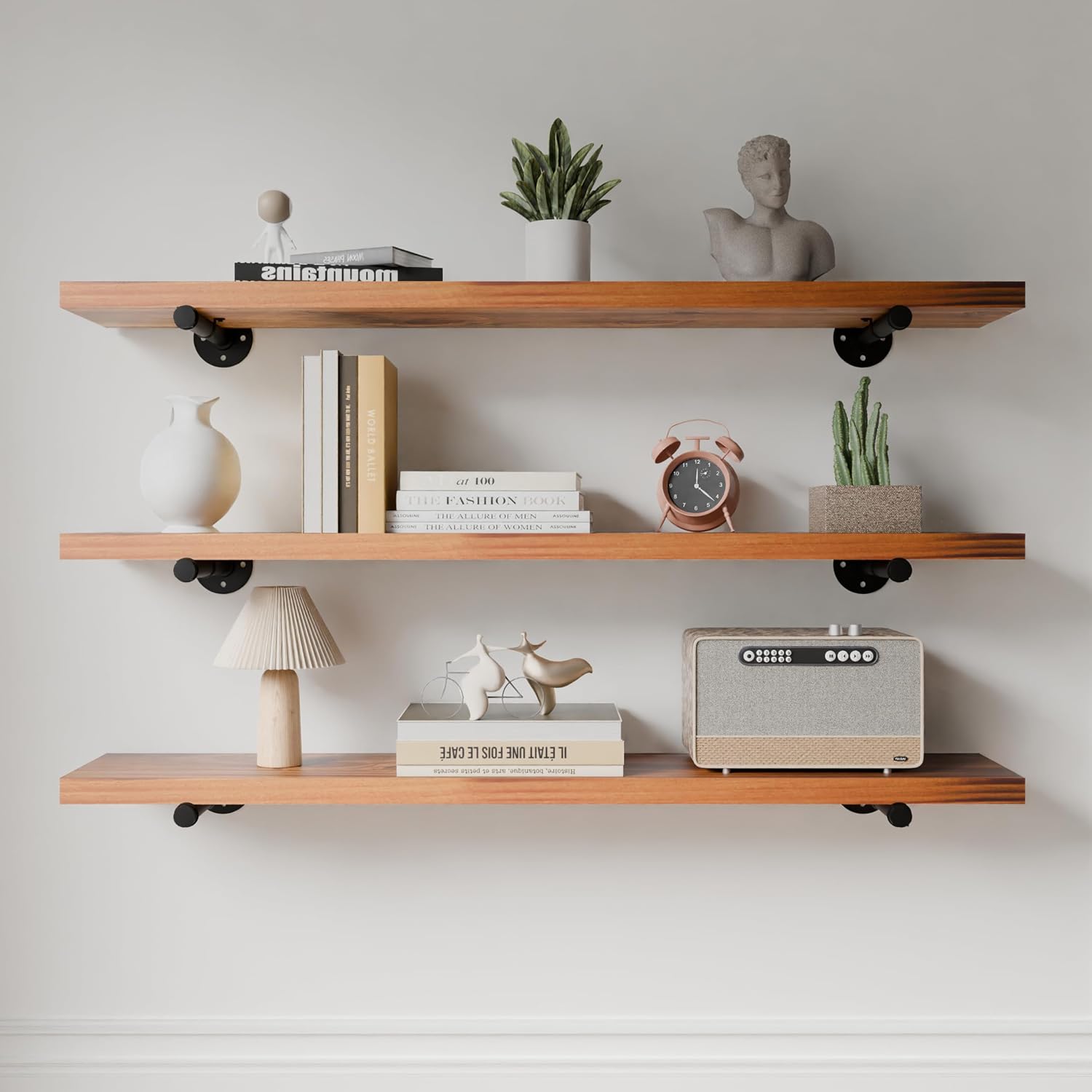 HDDFER Industrial Pipe Wall Wood Shelves,Real Wooden Shelves 36' in Walnut Color with 1.2' Extra Thickness, Modern Floating Shevles