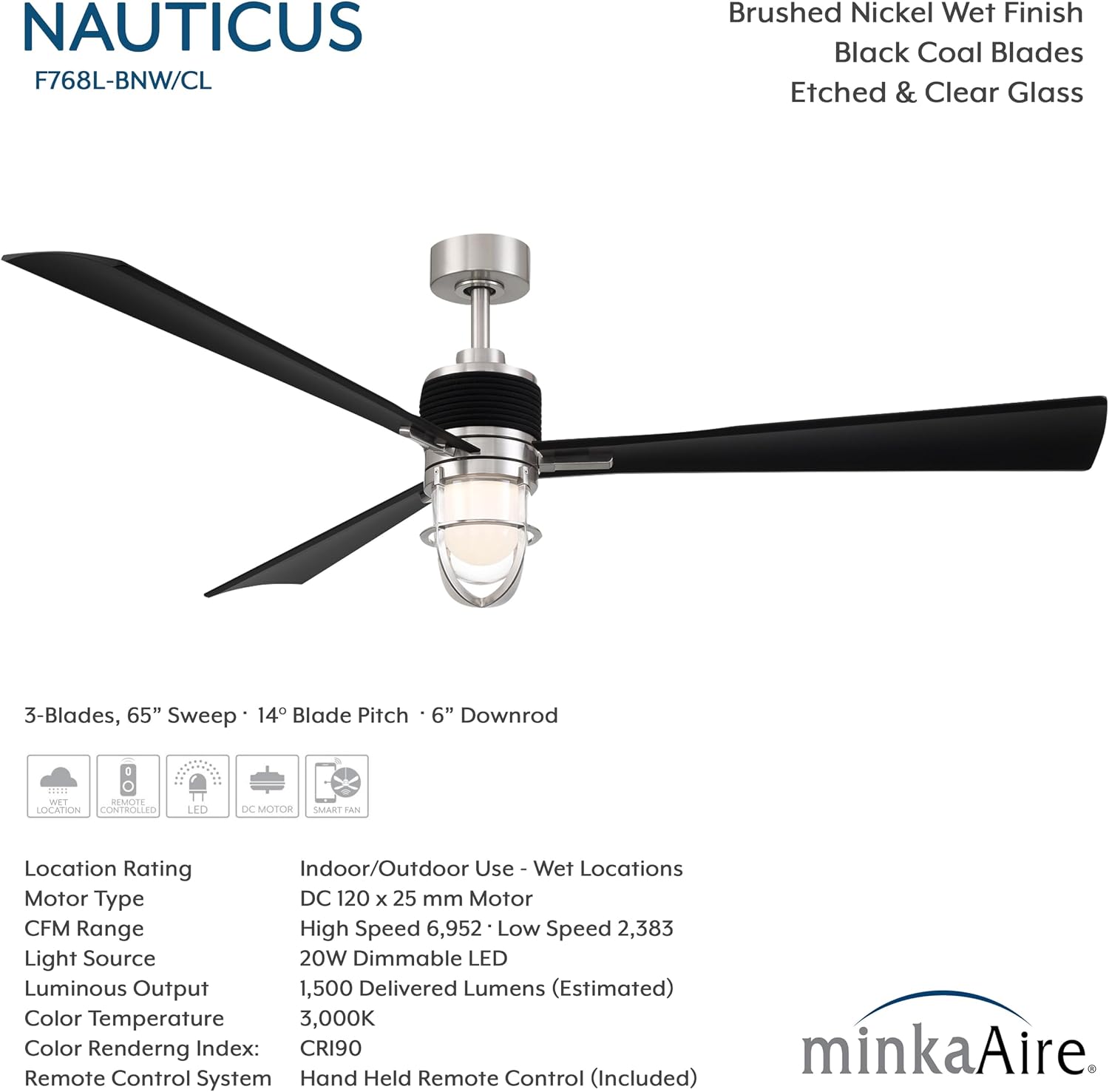 MINKA-AIRE F768L-BNW/CL Nauticus 65' 3-Blade LED Smart Indoor/Outdoor Ceiling Fan in Brushed Nickel Wet and Coal Black Blades with Clear Glass