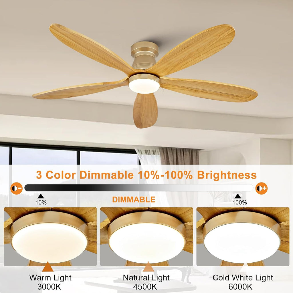 48 Inch Flush Mount Ceiling Fans with Lights and Remote, Modern Low Profile Wood Ceiling Fan with Light，Indoor Outdoor Ceiling Fans for Patio Office, Dimmable, Wall Switch, Memory Function