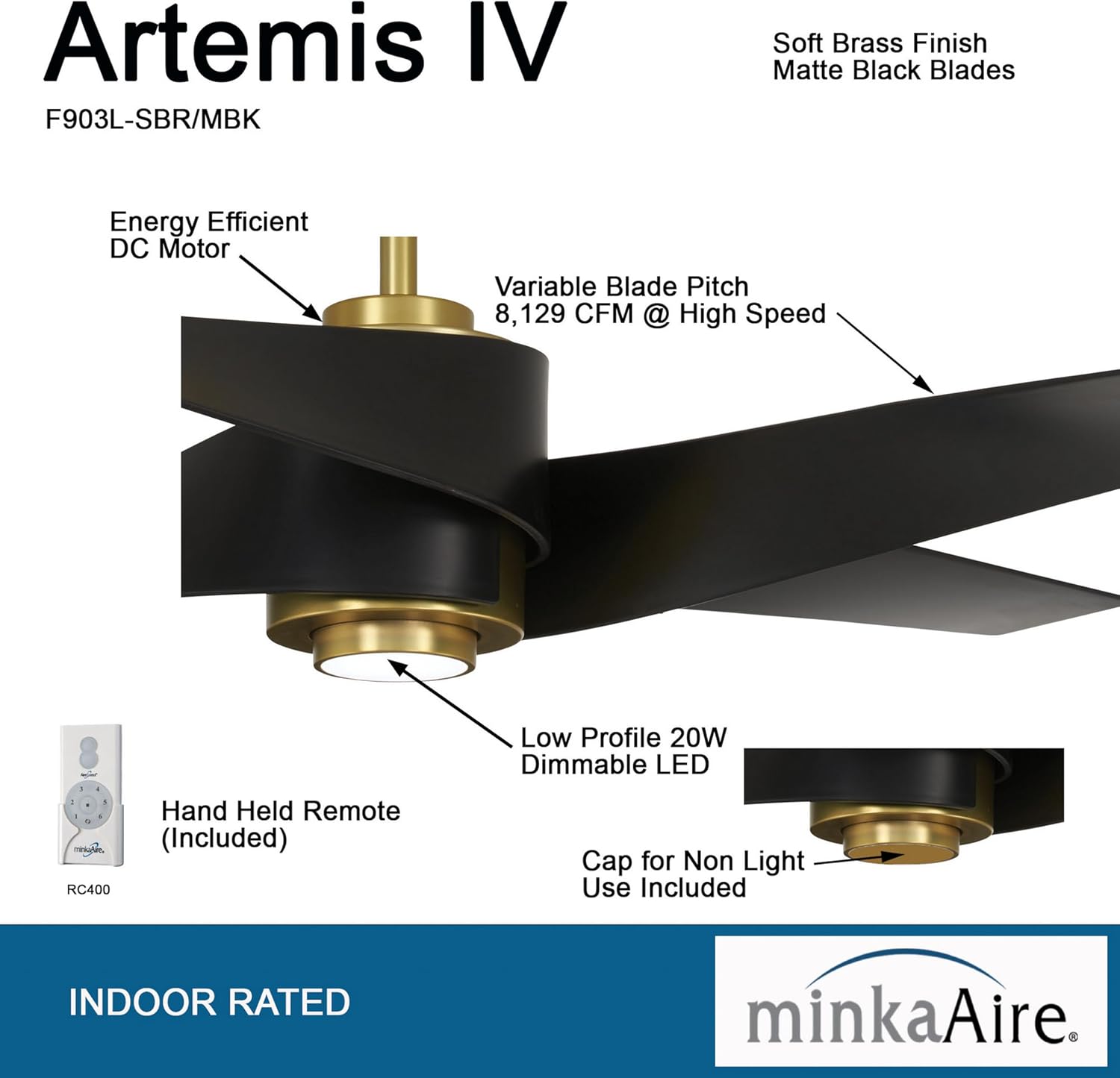 MINKA-AIRE F903L-SBR/MBK Artemis IV 64 Inch Ceiling Fan with LED Light and DC Motor, Soft Brass/Matte Black
