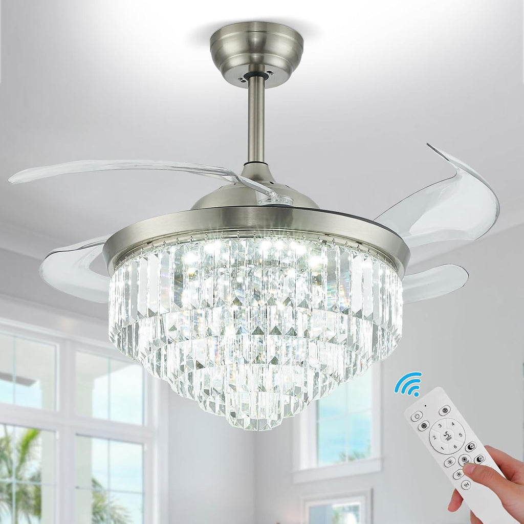 42' Dimmable LED Ceiling Fan with Light Crystal Chandelier Fan with Remote Control Noiseless Reversible Motor for Bedroom Living Room Study Kitchen Dinning Room (Nickel)