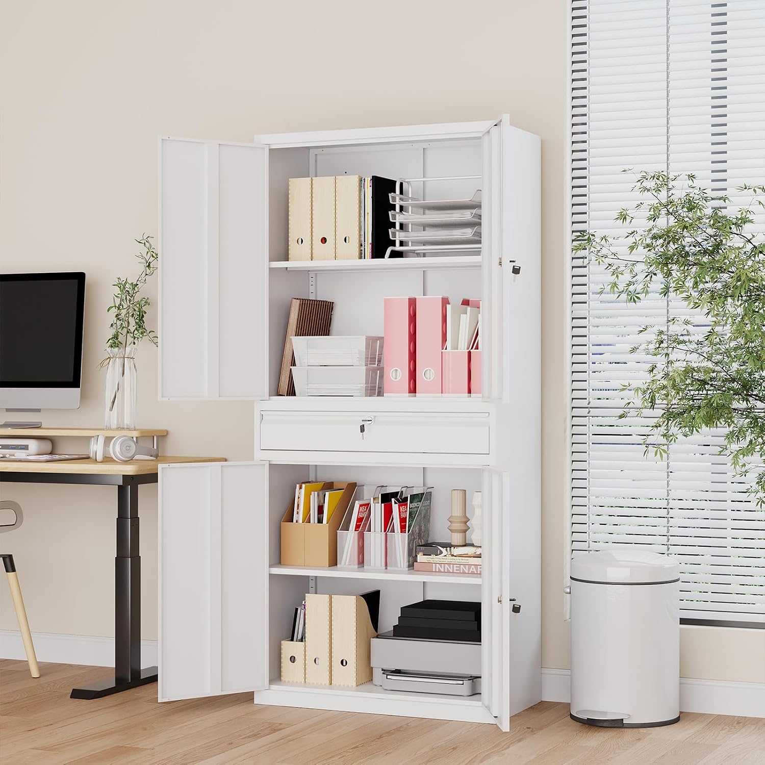Metal Storage Cabinet,Tall File Cabinet with 2 Adjustable Shelves and Drawer,Lockable Steel Tool Cabinet for Home Office Garage School Warehouses