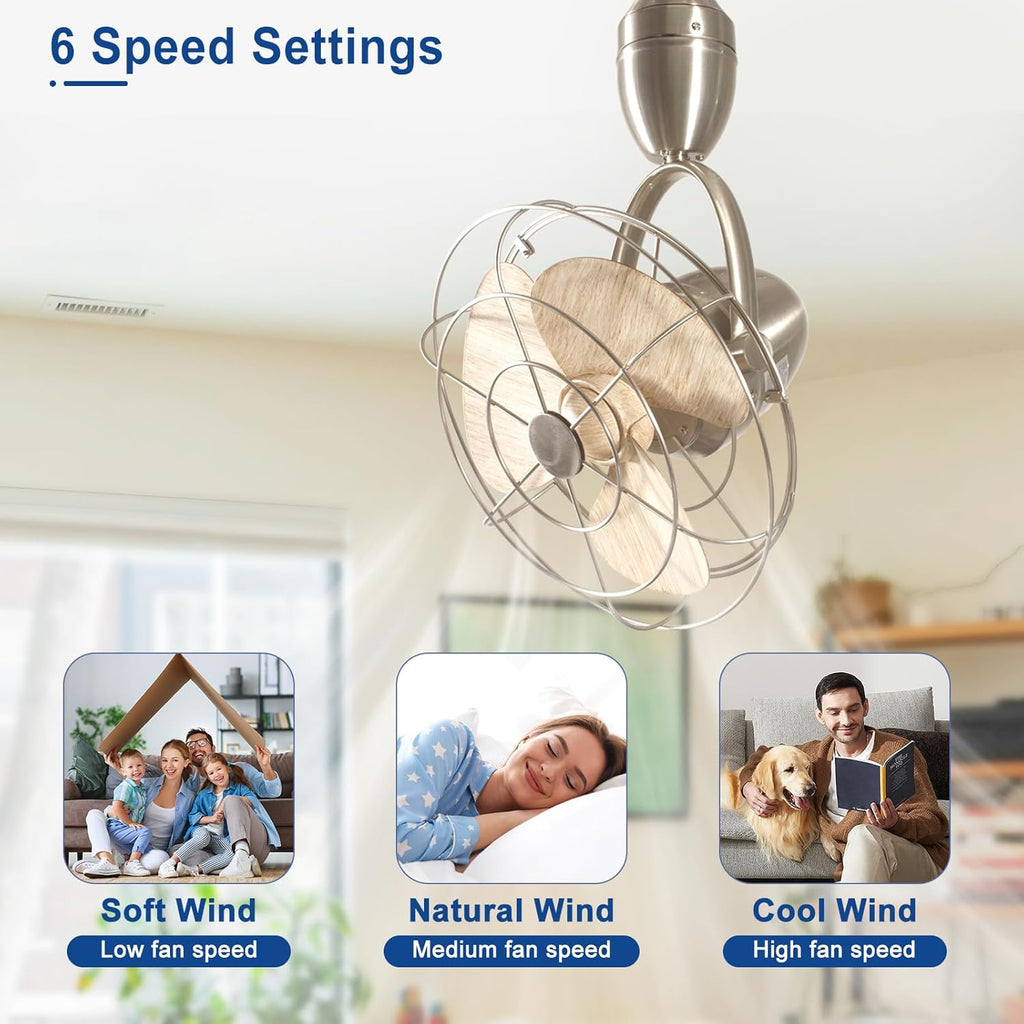 Depuley Oscillating Ceiling Fan with Remote: Nickel and Wood Wall Mount Fan Ceiling for Patio - Caged Outdoor Wall Fan for Indoor Bedroom Kitchen - 80° Oscillation 100° Adjustable