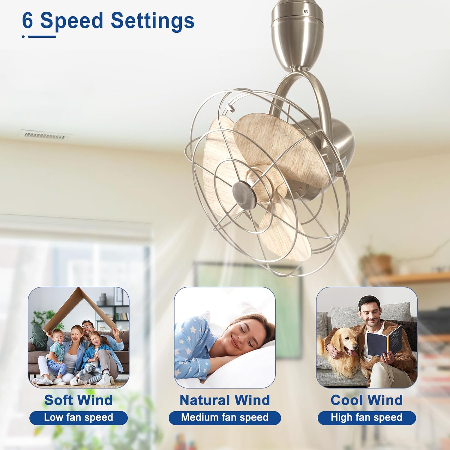 Depuley Oscillating Ceiling Fan with Remote: Nickel and Wood Wall Mount Fan Ceiling for Patio - Caged Outdoor Wall Fan for Indoor Bedroom Kitchen - 80° Oscillation 100° Adjustable