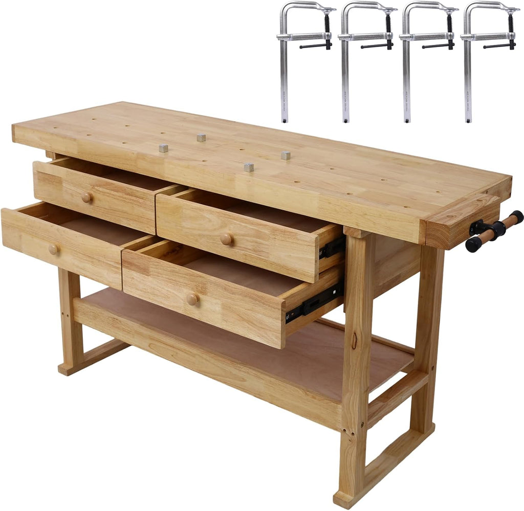 Wood Workbench, 60' Acacia Hardwood Workbench with 4 Drawer, Heavy Duty Work Bench Table, with 4 Bar Clamps Set 12' x 4-3/4' Throat, for Garage, Workshop, Home Storage