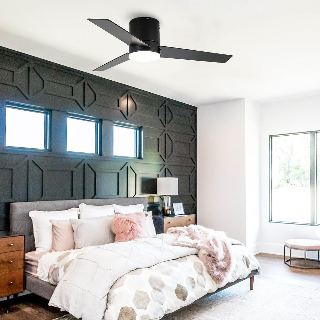 Low Profile Ceiling Fans with Lights and Remote, 48 Inch Bedroom Ceiling Fans Flush Mount, Indoor/Outdoor Fans for Patios, Reversible 3 Blades, Noiseless, Color Temp Adjusted, DOE ETL Tested (Black)