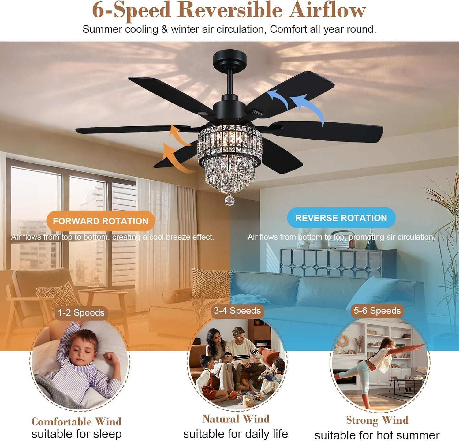 Kviflon 52 Inch Crystal Ceiling Fan with Lights, Black Fandelier Ceiling Fan with Light and Remote/APP Control, Modern Chandelier Ceiling Fan for Bedroom Living Room, Quiet DC Motor, Dimmable LED