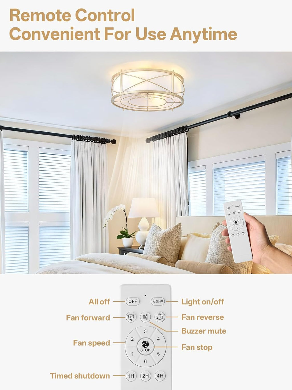 Gold Flush Mount Boho Ceiling Fan with Lights, 20' Caged Rattan Ceiling Fans with Light and Remote, Enclosed with 6 Speeds for Living Room, Bedroom, Nursery