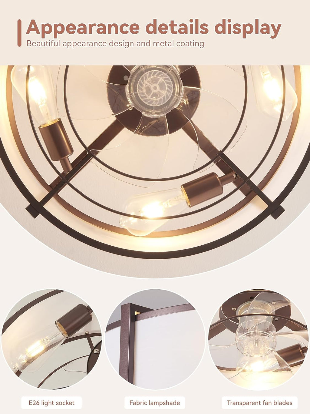 20' Brown Fandelier Ceiling Fans with Lights, Boho Rattan Ceiling Fan with Light Remote Control, Caged Mid-Century Modern with 6 Speeds for Bedroom, Nursery, Living Room