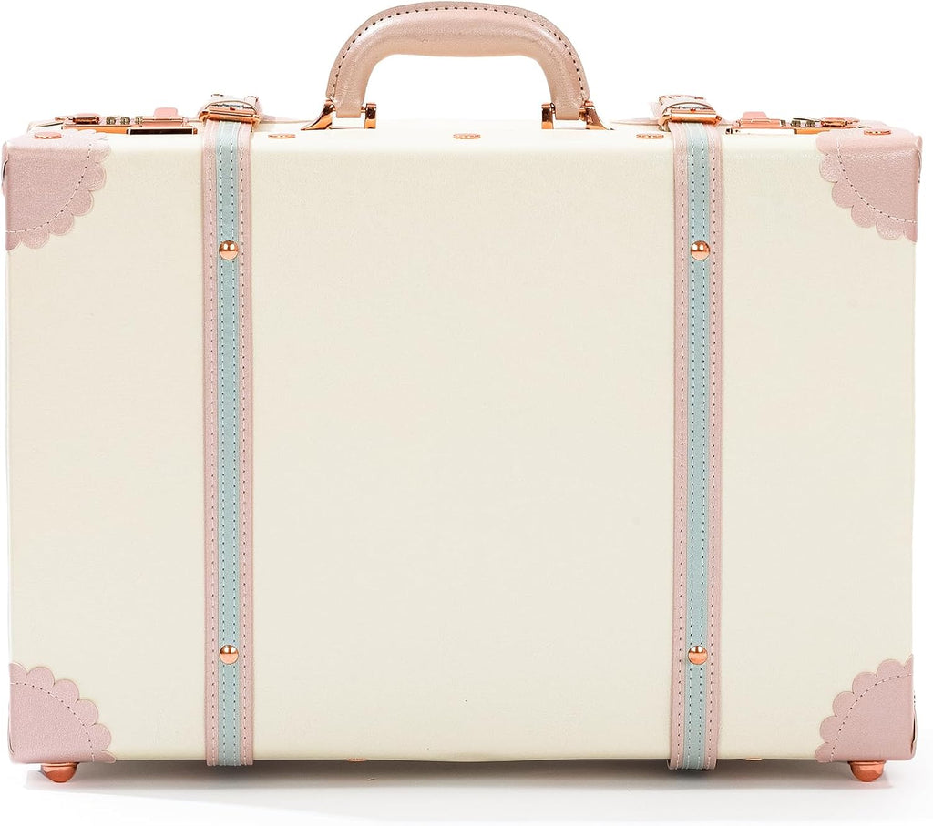 COTRUNKAGE Large 20' Carry On Suitcase Cute Pu Overnight Vintage Trunk Luggage Bag for Women with Combination Locks, Cream White