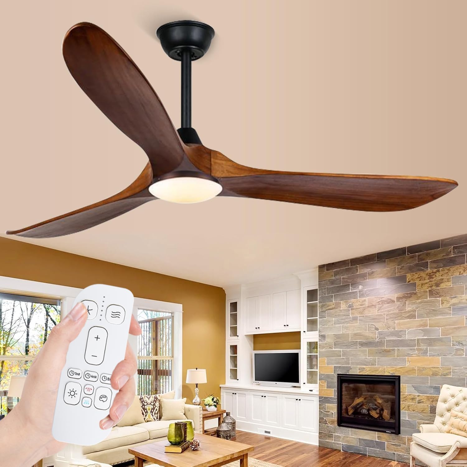 Wood Ceiling Fan with Light, 70 Inch Farmhouse Outdoor Ceiling Fan with Remote for Patios, Rustic Indoor Outdoor Propeller Fan & Reversible DC Motor for Bedroom Gazebo Balcony