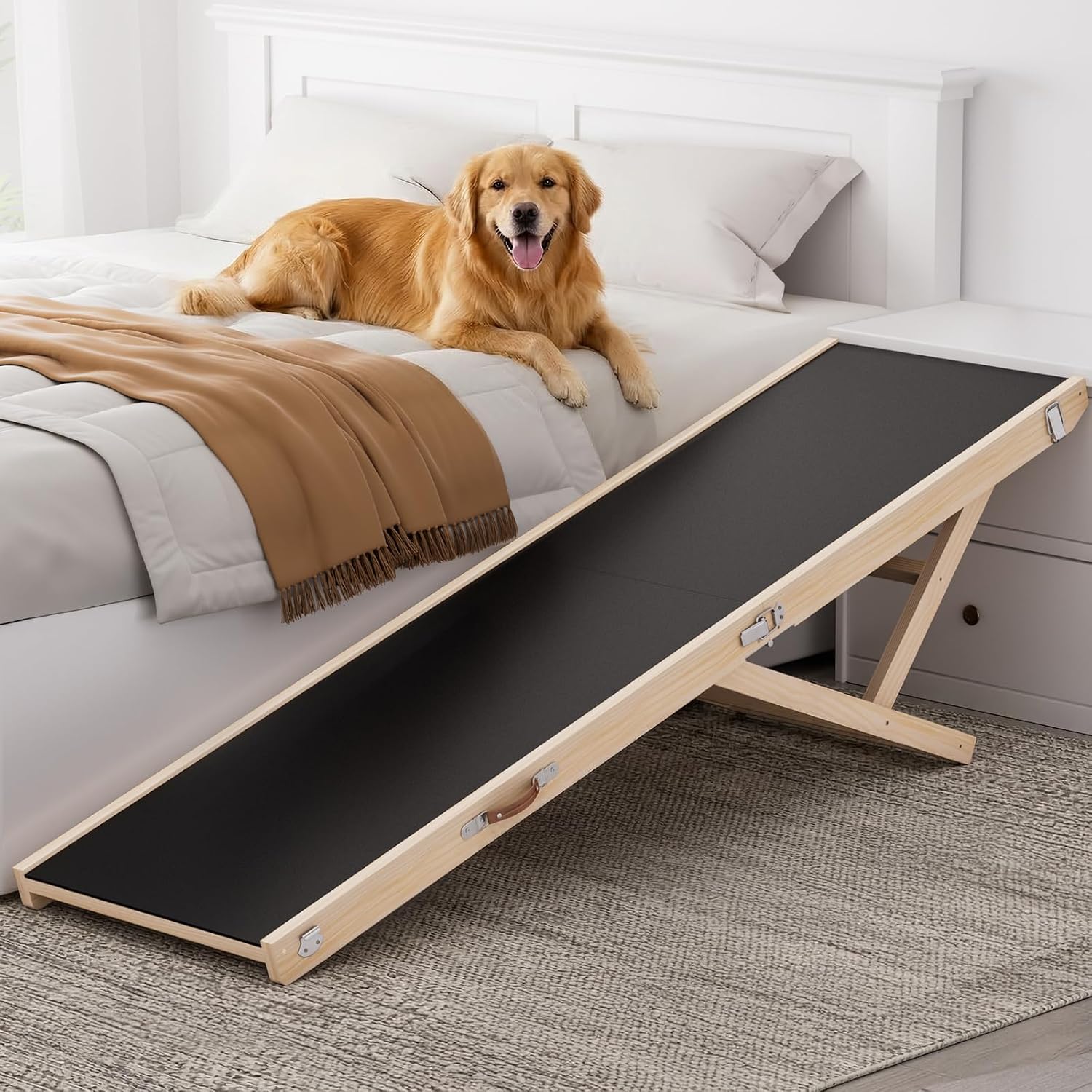 Dog Ramp for High Bed, Couch, Car, 64' Long Foldable Pet Ramp & 5 Adjustable Heights 19.7'-31.5' Wooden Dog Step with Anti-Slip Yoga Mat for Small Medium Large Older Pets, up to 200lbs