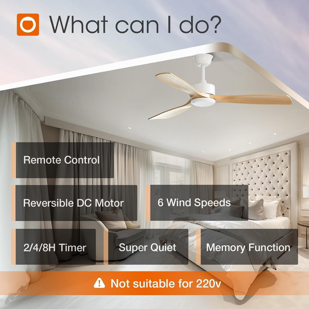 addlon 2 Pack 52 inch Ceiling Fan No Light, White Ceiling Fans with Remote Control, Reversible, 3 Wood Blades, 6 Speeds, Noiseless, Wood Ceiling Fan without Light for Indoor/Outdoor Use