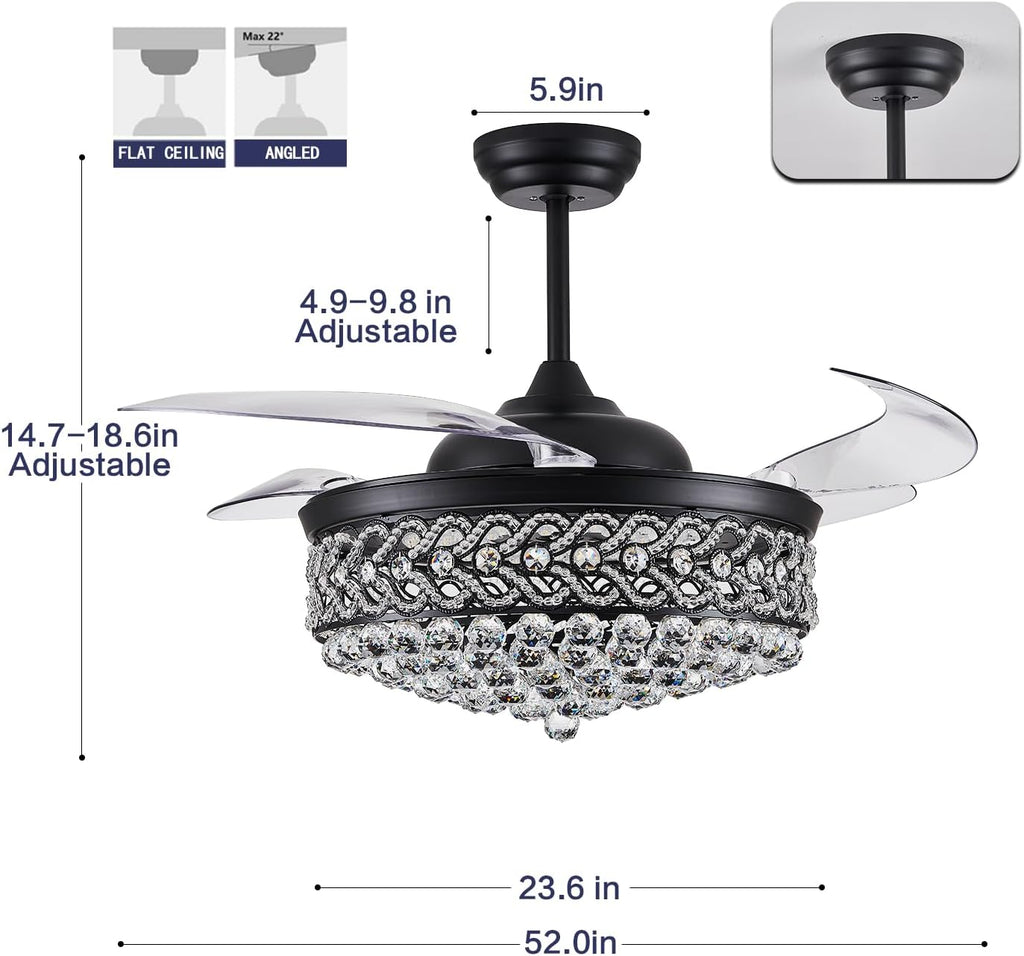 DuMaiWay 52' Dimmable Chandelier Ceiling Fan, Modern Crystal Retractable Invisible Blade Ceiling Fan with Remote Control for Bedroom Dining Room Living Room 6 Speed Change Black