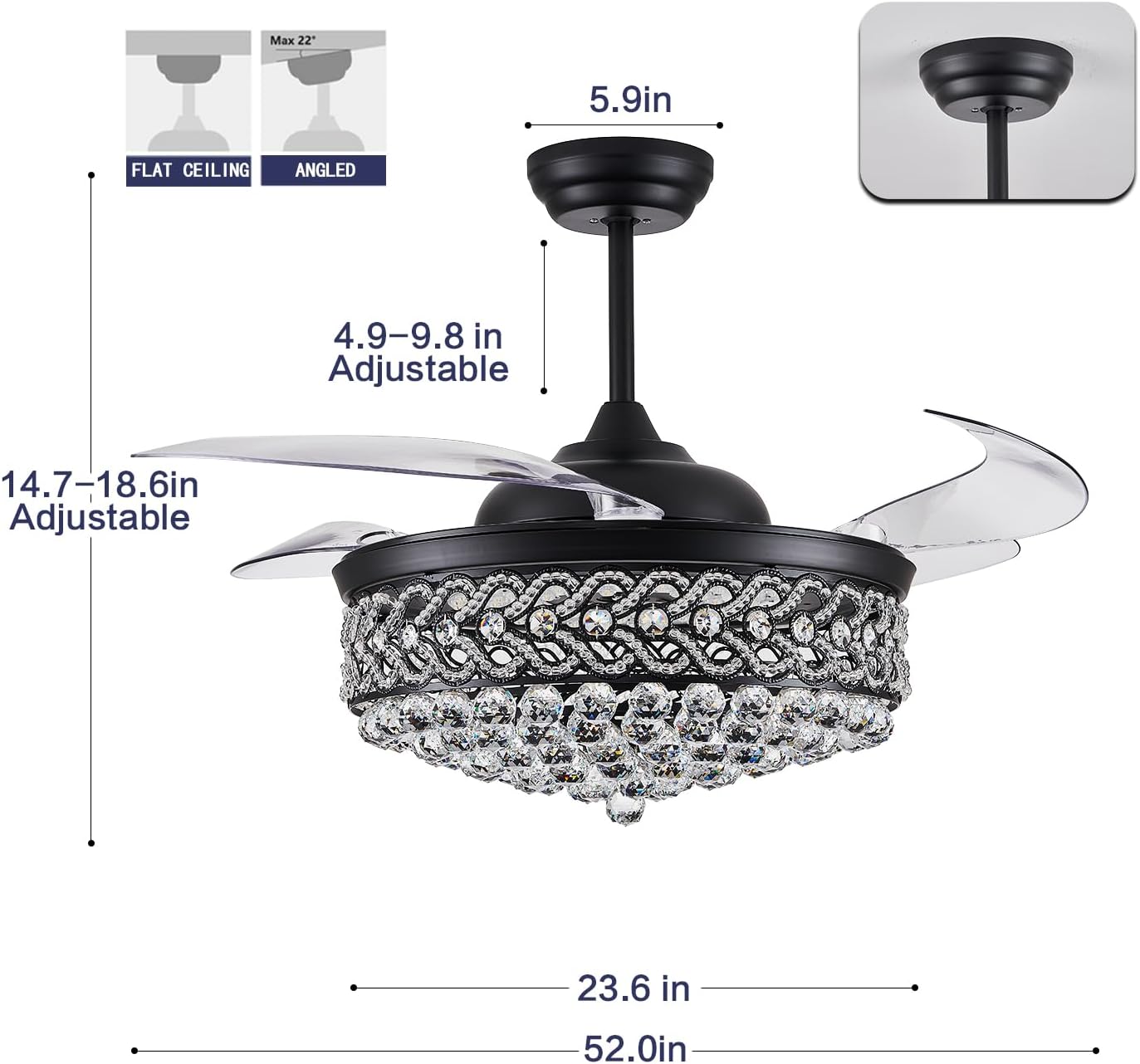 DuMaiWay 52' Dimmable Chandelier Ceiling Fan, Modern Crystal Retractable Invisible Blade Ceiling Fan with Remote Control for Bedroom Dining Room Living Room 6 Speed Change Black