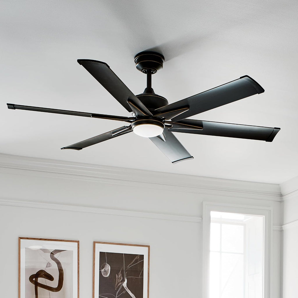 Kichler Szeplo II 60 in 6-Blade Outdoor Ceiling Fan with LED Light, DC Motor Wet Rated Patio Fan with Etched Cased Opal Glass in Old Bronze for Pergola Porch, 300300OZ