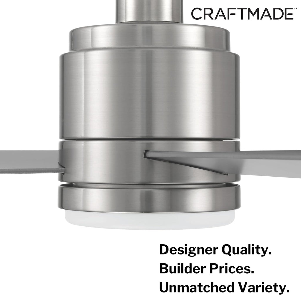 Craftmade McCoy 52' Indoor Ceiling Fan | 3-Blade Brushed Nickel | Integrated 18W Dimmable 3000K LED Light | Hardwired Wall Control, 4-Speed Reversible Motor | Rated for Indoors Only