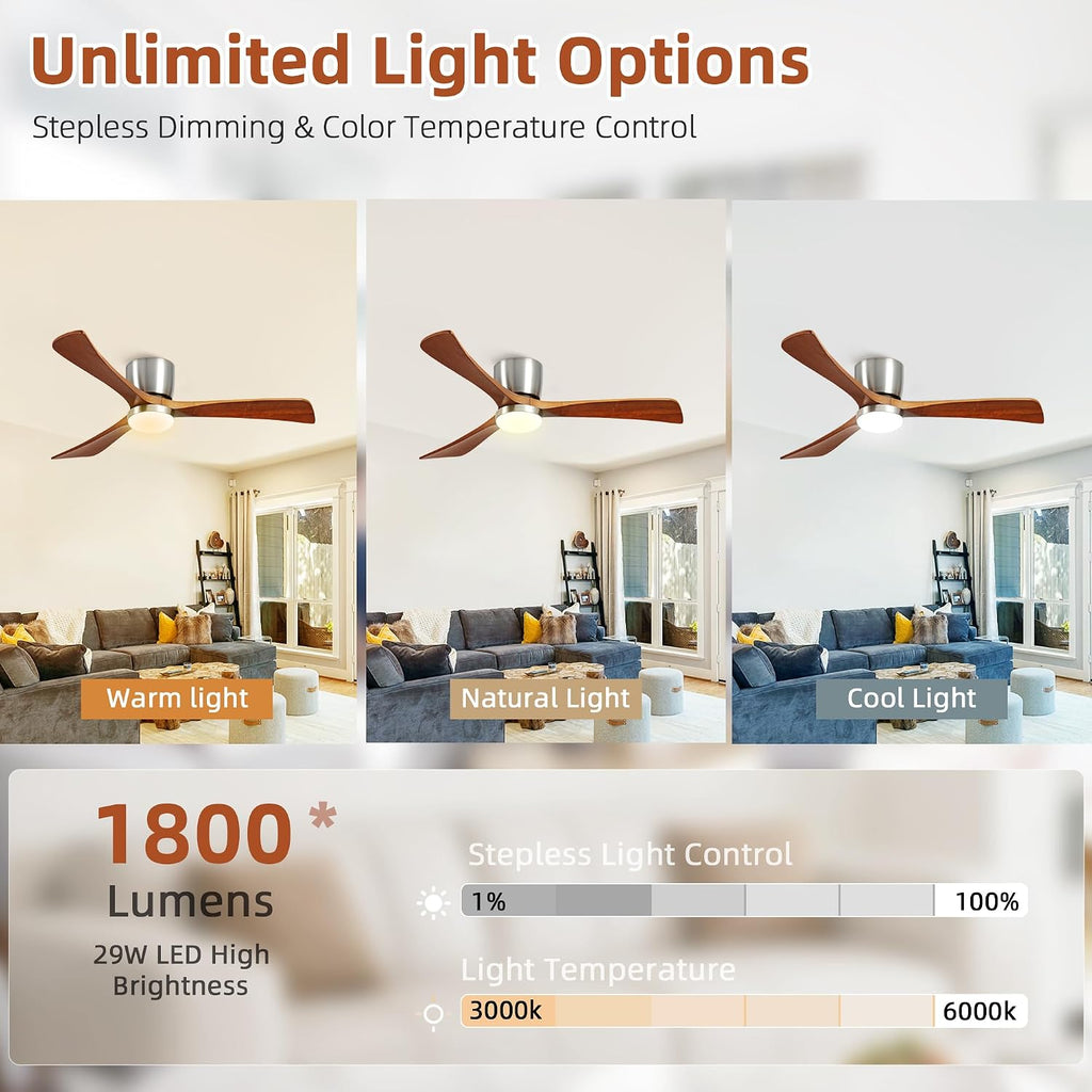 Ceiling Fans with Lights 52 Inch Flush Mount, Wood Blade, LED Dimmable DC Reversible Modern Ceiling Fan with Remote Control for Bedrooms, Living Rooms, Patio, Brushed Nickel