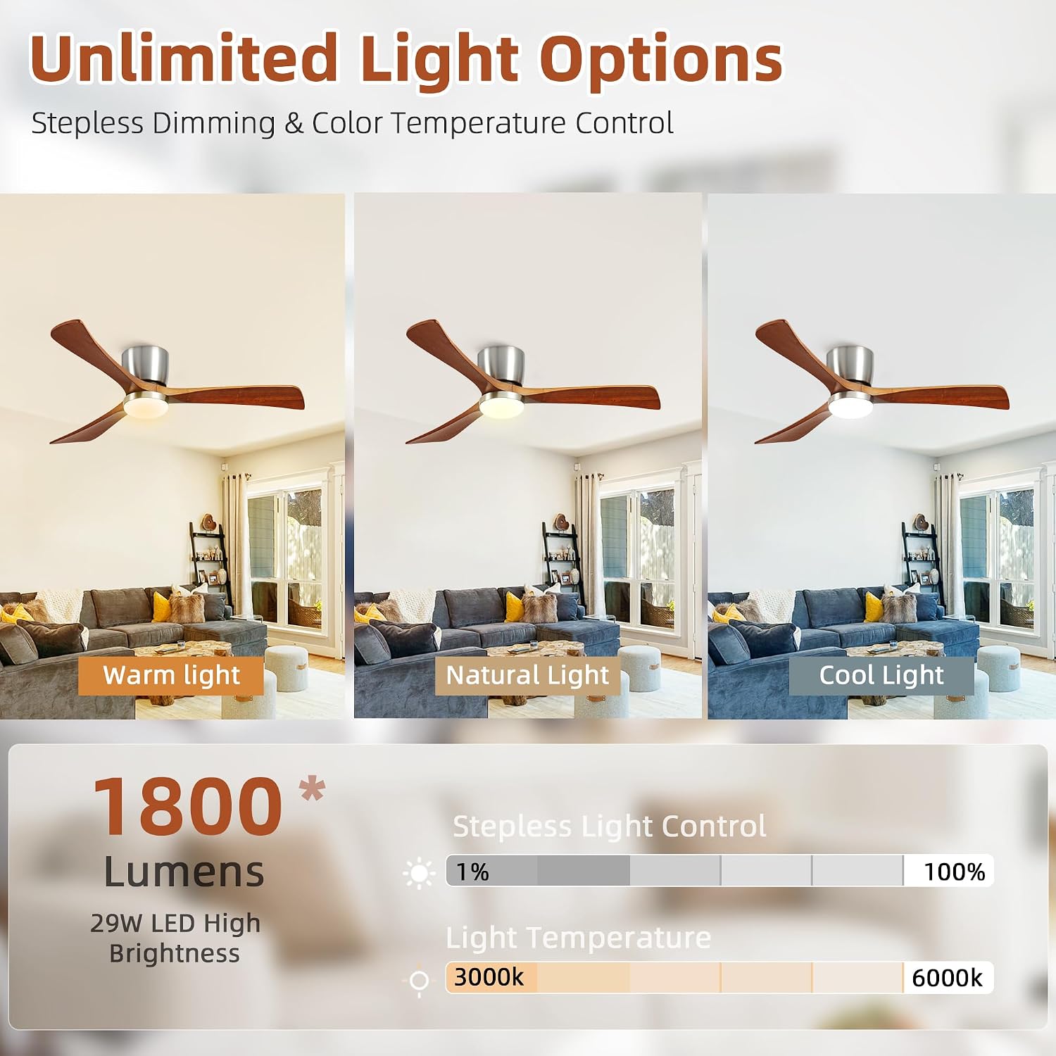 Ceiling Fans with Lights 52 Inch Flush Mount, Wood Blade, LED Dimmable DC Reversible Modern Ceiling Fan with Remote Control for Bedrooms, Living Rooms, Patio, Brushed Nickel