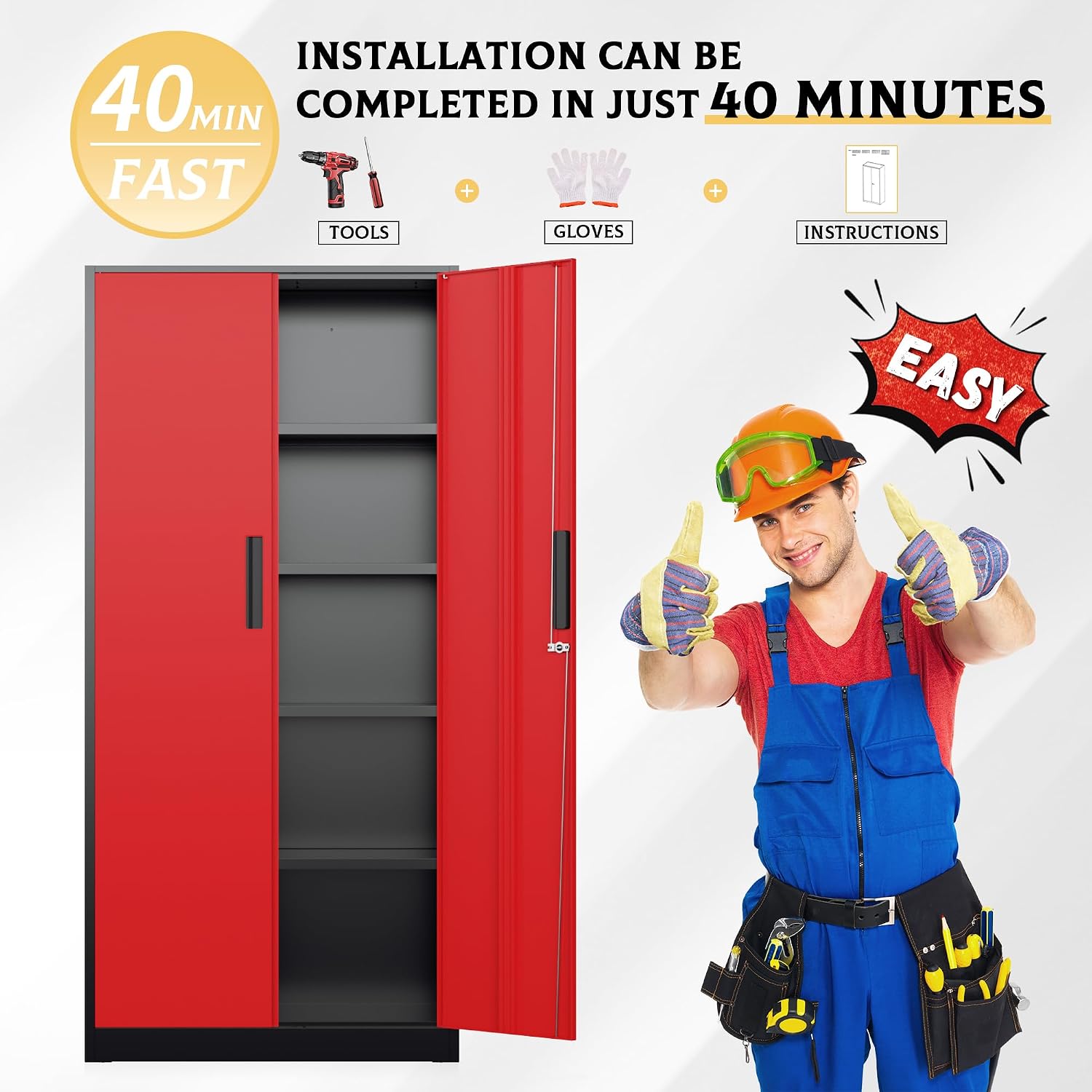 SUNCROWN Metal Storage Cabinets with Lock, Tool Cabinet, 72' Locking Steel Storage, Tall Locker Organizer Garage Cabinets with 2 Doors and 4 Shelves for Home,Office,Warehouse,Garage,School(Black Red)