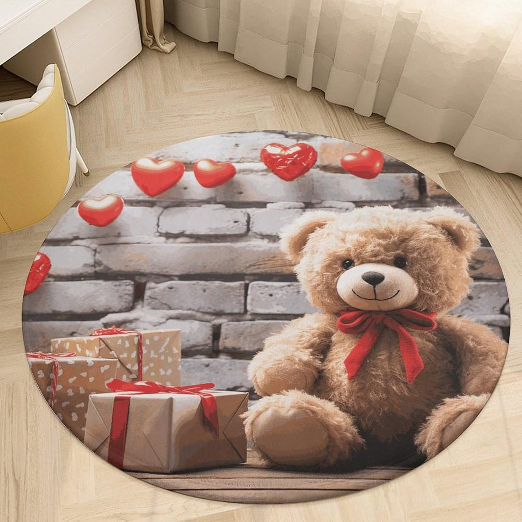 Cute Bear Valentine Gift Coral Velvet Round Floor Mat Non-Slip Bath Rug Floor Covering for Bathroom Vanity Guest Suite & Vacation Home