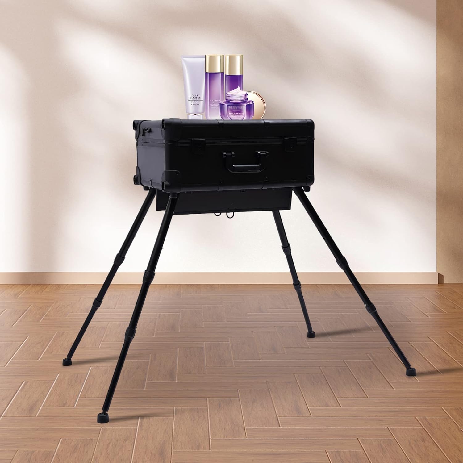 Aluminum Trolley Makeup Train Case with LED Light & Mirror,Professional Cosmetic Travel Box with Retractable Legs, Rolling Lighted Makeup Vanity Station for Travel (Black)