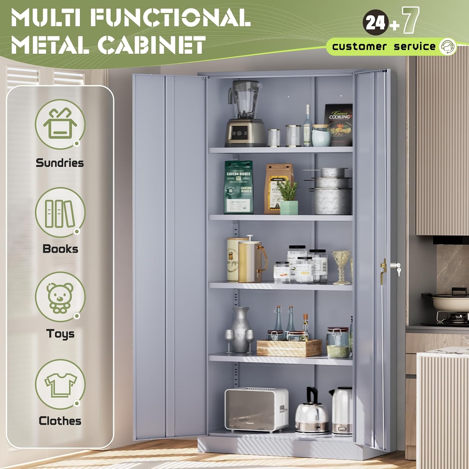 SUNCROWN 72' Metal Storage Cabinet - Heavy-Duty Metal Garage Cabinet with 4 Adjustable Shelves & 2 Doors for Tools, Office, Home, Workshop,Cement Grey