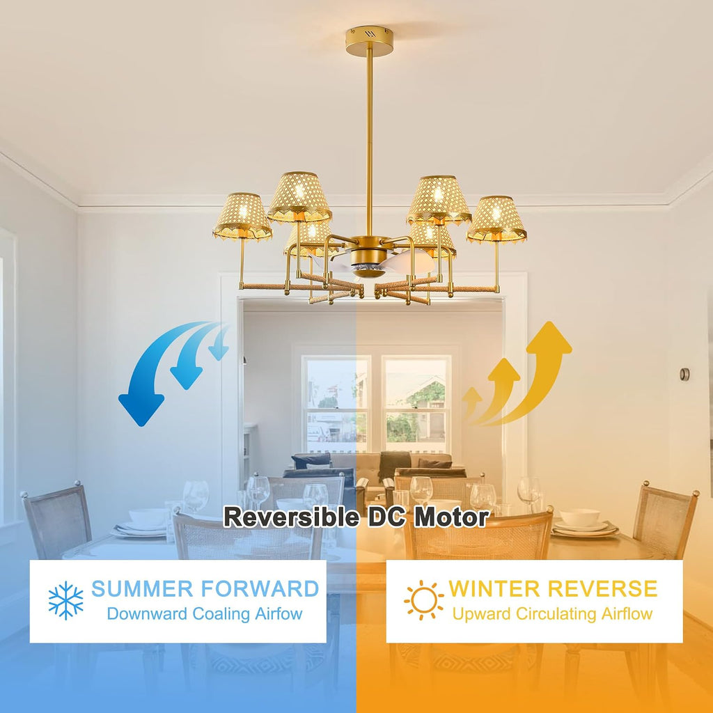 Garwarm Ceiling Fans with Lights,Boho Rattan Fandelier Ceiling Fan with Lights,Chandelier Ceiling Fan Remote Control for Kitchen Island Dining Living Room Nursery
