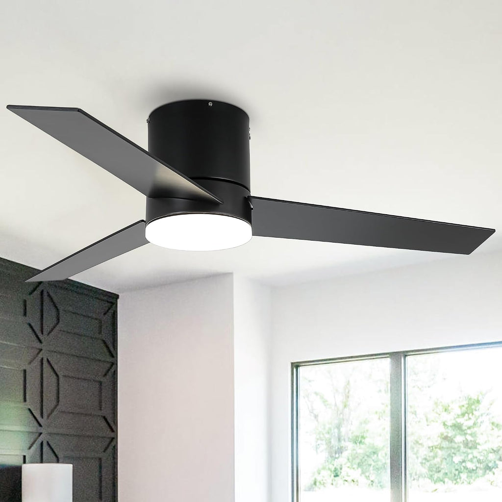 Low Profile Ceiling Fans with Lights and Remote, 48 Inch Bedroom Ceiling Fans Flush Mount, Indoor/Outdoor Fans for Patios, Reversible 3 Blades, Noiseless, Color Temp Adjusted, DOE ETL Tested (Black)