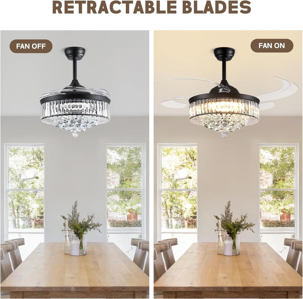 48'' Crystal Fandelier Ceiling Fan with Light, Retractable Blades Ceiling Fans with Light and Remote, Dimmable Chandelier Ceiling Fan for Bedroom Living Room-Black
