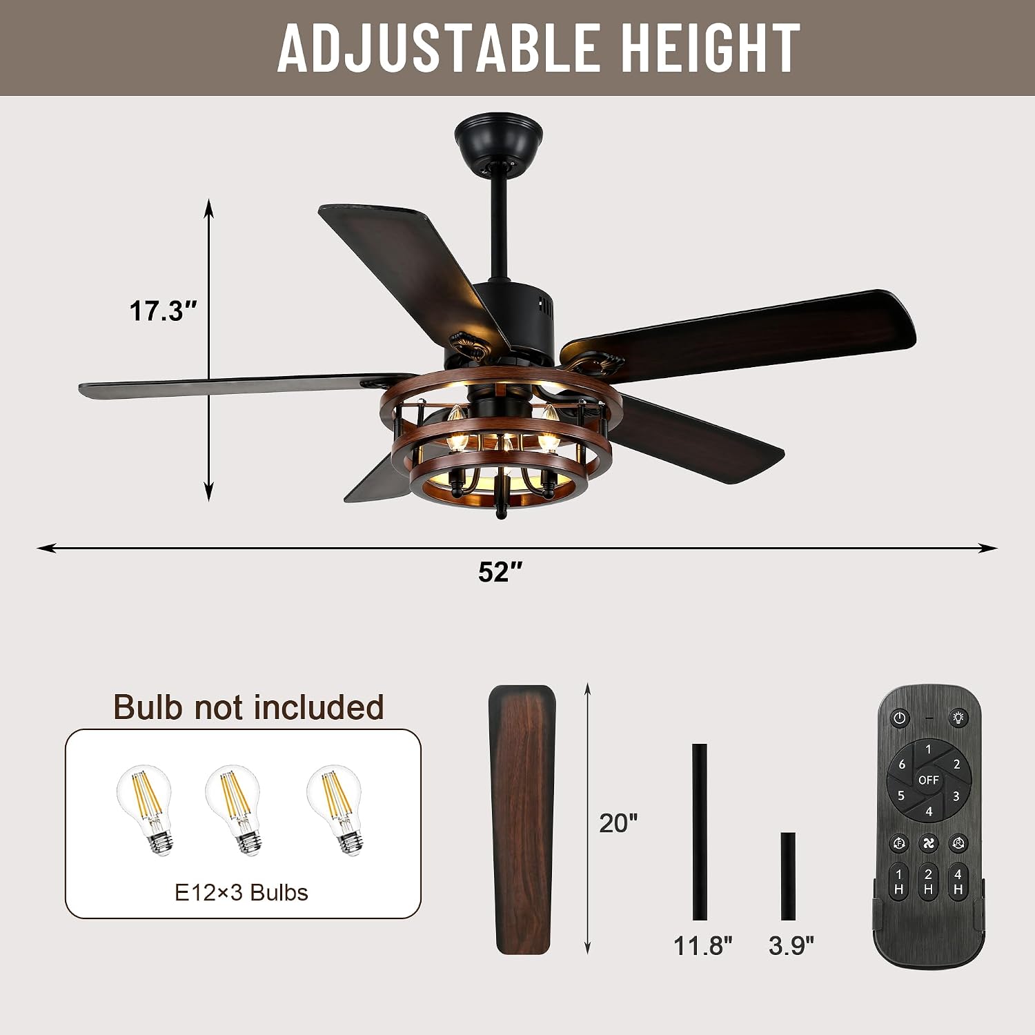 52' Ceiling Fan with Lights and Remote,Industrial Farmhouse Ceiling Fan with Adjustable Wood Grain Iron Cage,5 Reversible Dual-Color Blades,DC Quiet Motor,6 Speeds,Timer for Bedroom Living Room