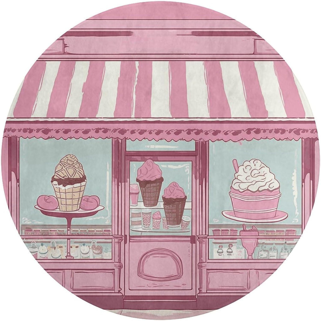 Ice Cream Store Pink Coral Velvet Round Floor Mat Non-Slip Bath Rug Floor Covering for Bathroom Vanity Guest Suite & Vacation Home