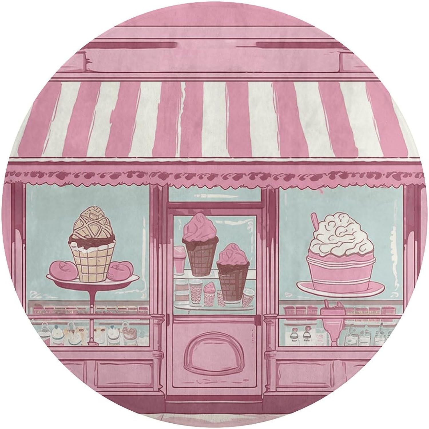 Ice Cream Store Pink Coral Velvet Round Floor Mat Non-Slip Bath Rug Floor Covering for Bathroom Vanity Guest Suite & Vacation Home
