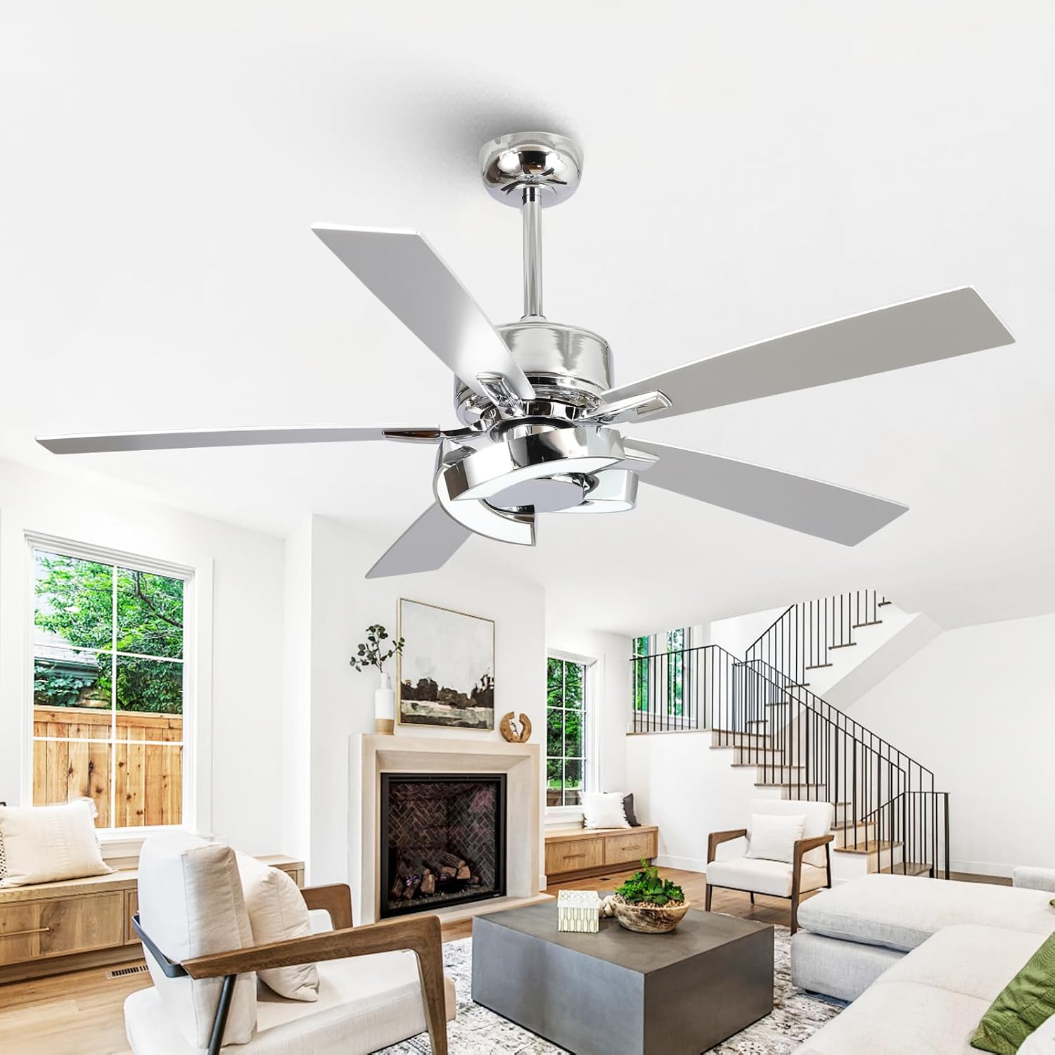 52 Inch Silver Ceiling Fans with Lights and Remote, Creative Modern Ceiling Fan, 3CCT, 6 Speeds, Quiet, Dual-Sided Reversible 5 Blades Indoor Outdoor Chandelier Fan for Bedroom Living Room