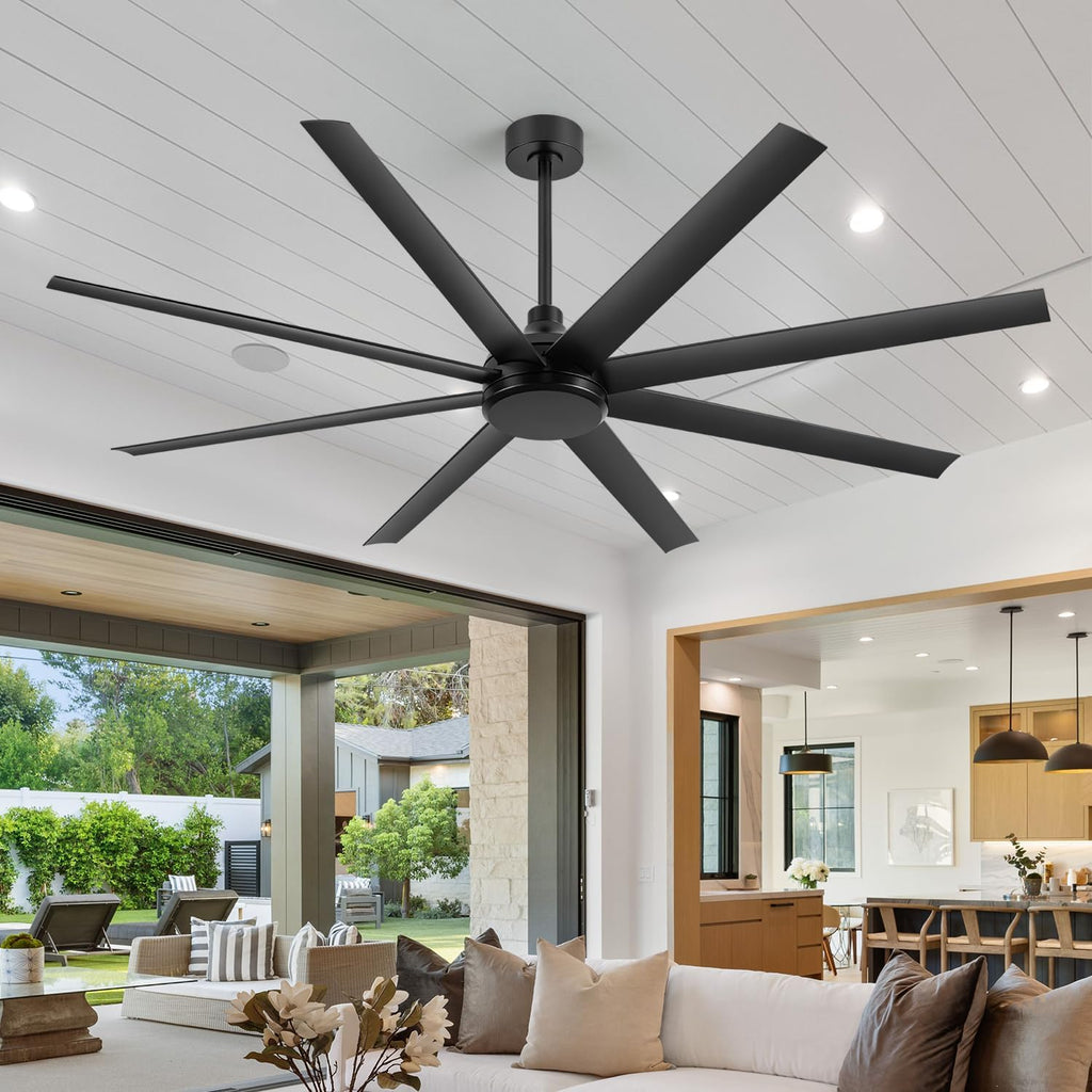 65 Inch Ceiling Fan No Light, Modern Ceiling Fan with Remote Control, Quite DC Motor 8 Reversible Blades Indoor Outdoor Industrial Ceiling Fan without Light For Living Room Bedroom Patio Garage-Black