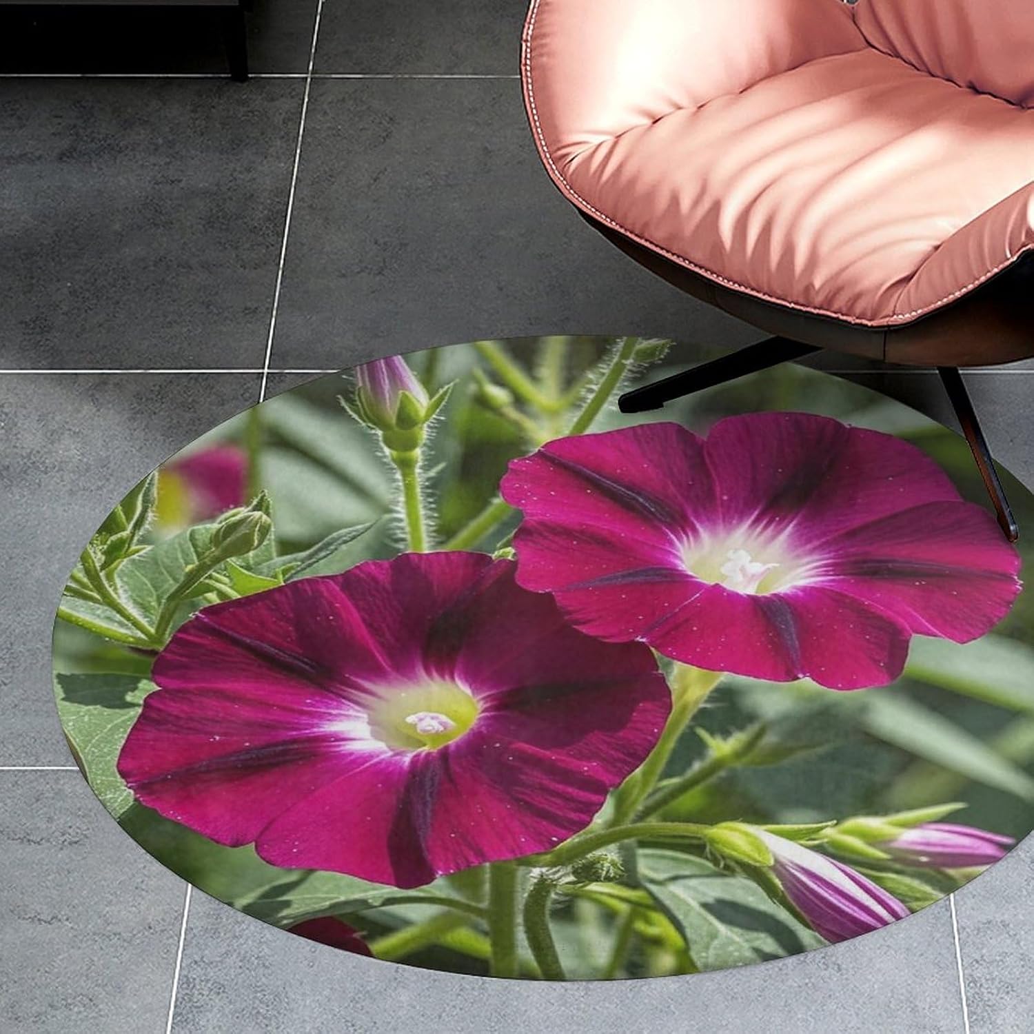 Red Geraniums Coral Velvet Round Floor Mat Non-Slip Bath Rug Floor Covering for Bathroom Vanity Guest Suite & Vacation Home