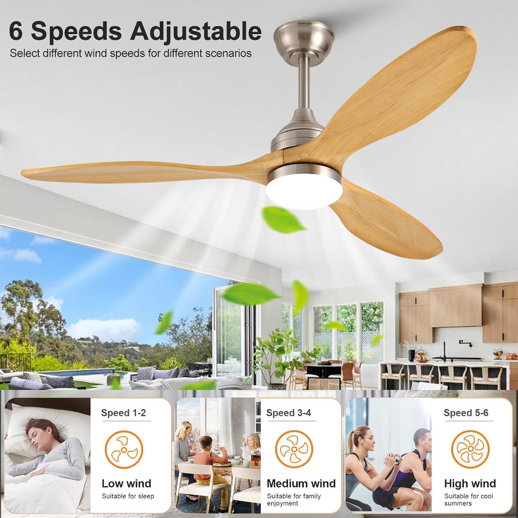 52 Inch Solid Wood Outdoor Ceiling Fans with Lights and Remote,3 Natural Wood Blades,Dimmable,6 Speed Quiet DC Motor, Indoor Outdoor Ceiling Fan for Patios Bedroom Living Room