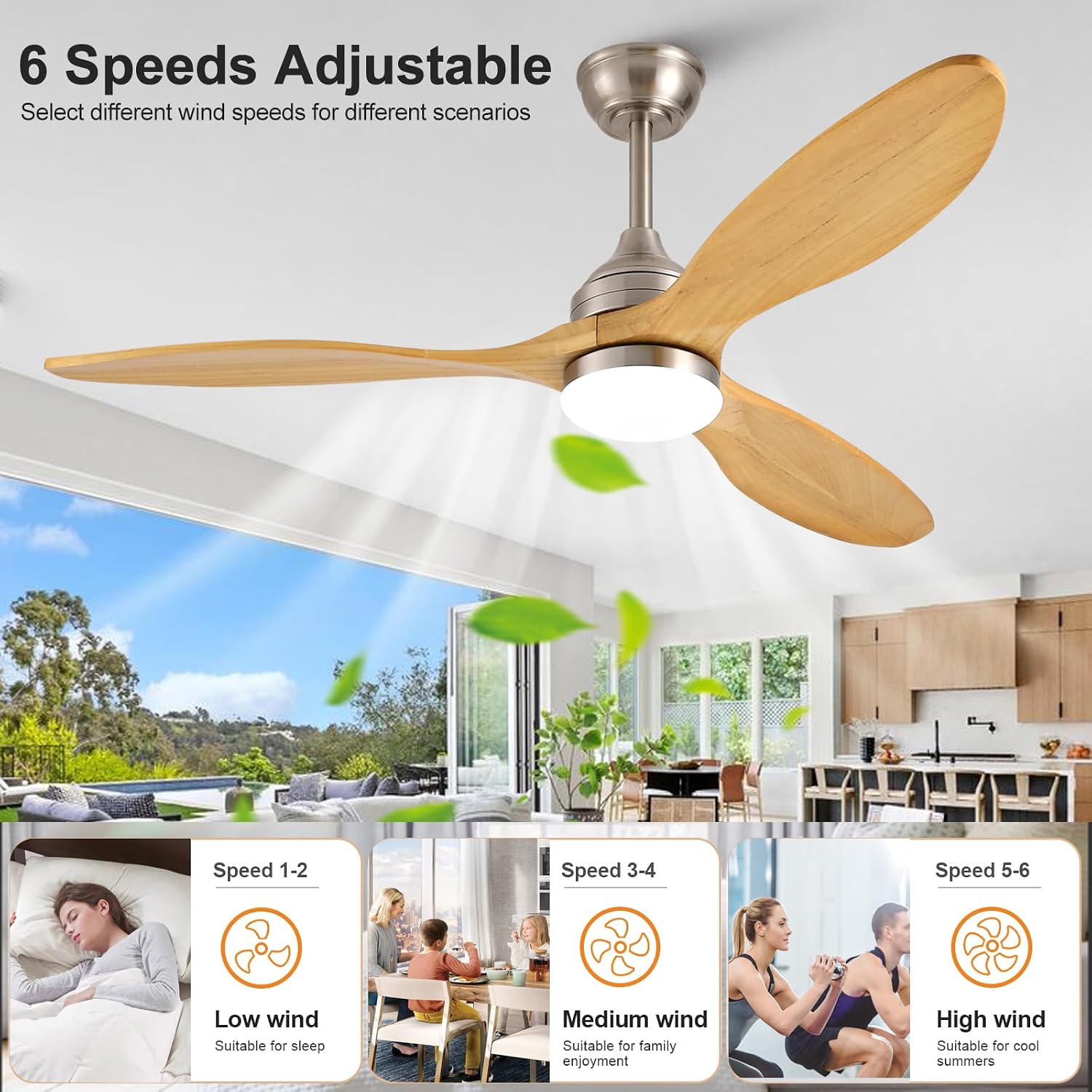 52 Inch Solid Wood Outdoor Ceiling Fans with Lights and Remote,3 Natural Wood Blades,Dimmable,6 Speed Quiet DC Motor, Indoor Outdoor Ceiling Fan for Patios Bedroom Living Room