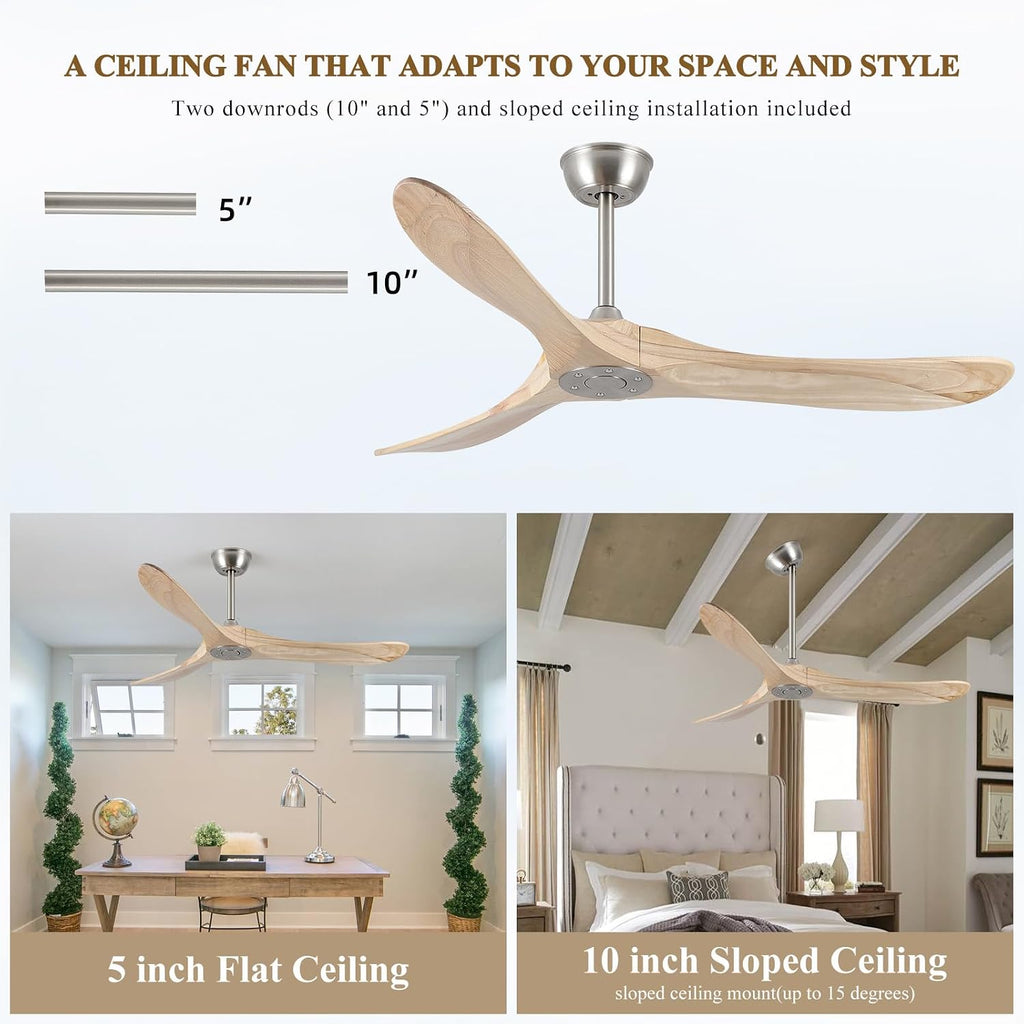 52' Modern Ceiling Fan, No Light, 6-Speed, Reversible, Timed Shutdown, DC Motor, Natural Wood 3 Blade, Porch, Bedroom, Living Room