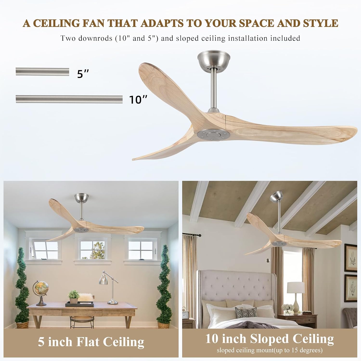 52' Modern Ceiling Fan, No Light, 6-Speed, Reversible, Timed Shutdown, DC Motor, Natural Wood 3 Blade, Porch, Bedroom, Living Room