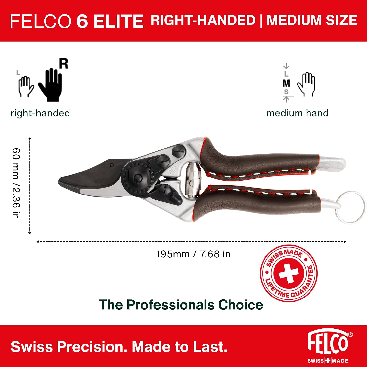 FELCO 6 ELITE Pruning Shears – 7.7' Swiss-Made Garden Clippers with Leather-Wrapped Handle for Medium Right Hands | Hand Pruners for Gardening | Garden Tool Cutter with Bypass Blade, Aluminum Body