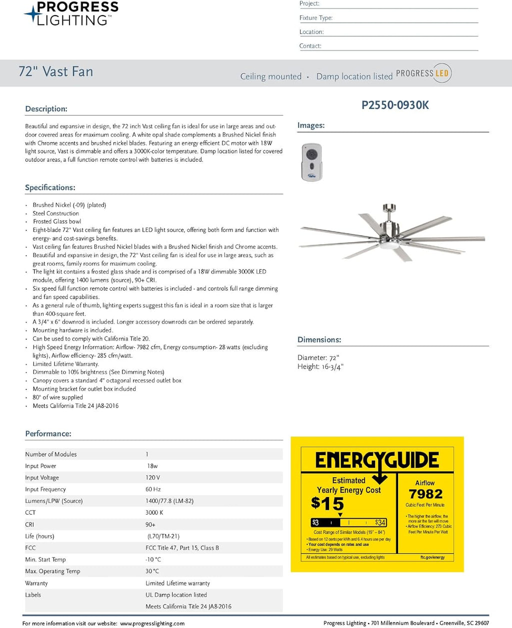 Progress Lighting Vast Collection 72-Inch 8-Blade Gray Modern Ceiling Fan, Nickel