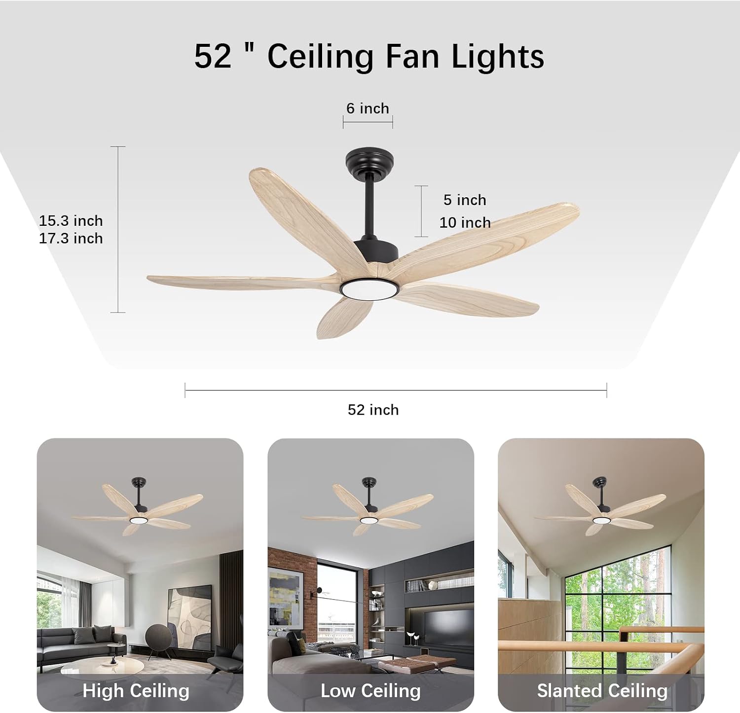 Ceiling Fan with Light and Remote,Quiet Reversible DC Motor,6 Wind Speed,LED Dimmable and Memory,for Bedroom Living Room,52 inch,Natural 5 Wood Blades