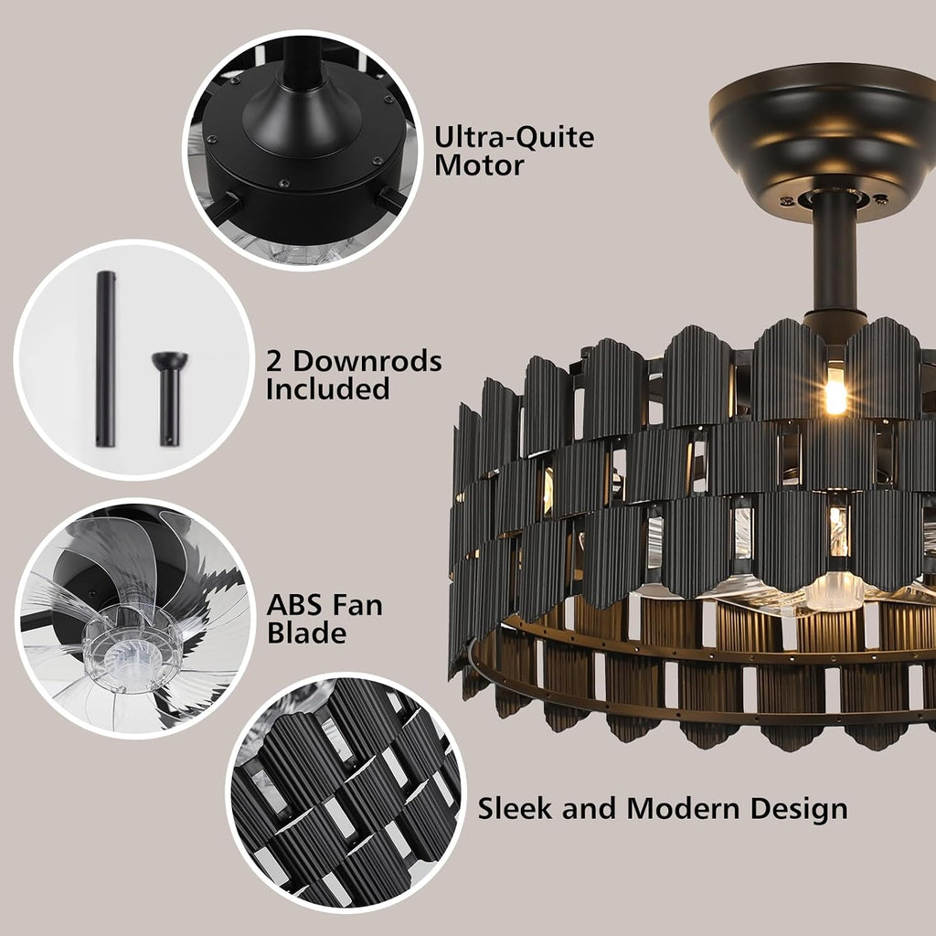 20 Inch Black Caged Ceiling Fan, Black Fandelier Ceiling Fan with Light with 6-Speed Motor, Ceiling Fans with Lights and Remote for Bedroom, Living Room, Dining Room