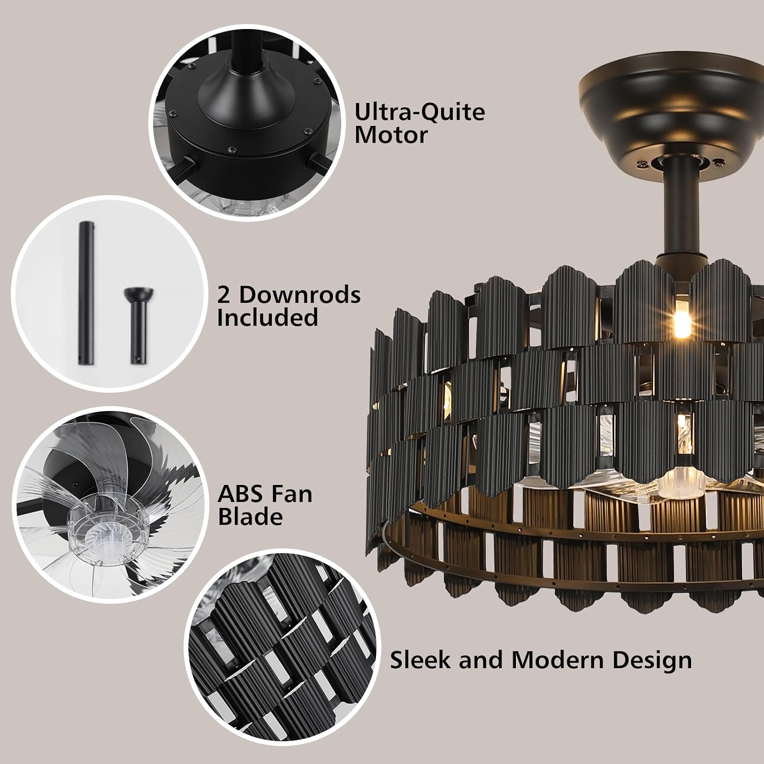 20 Inch Black Caged Ceiling Fan, Black Fandelier Ceiling Fan with Light with 6-Speed Motor, Ceiling Fans with Lights and Remote for Bedroom, Living Room, Dining Room