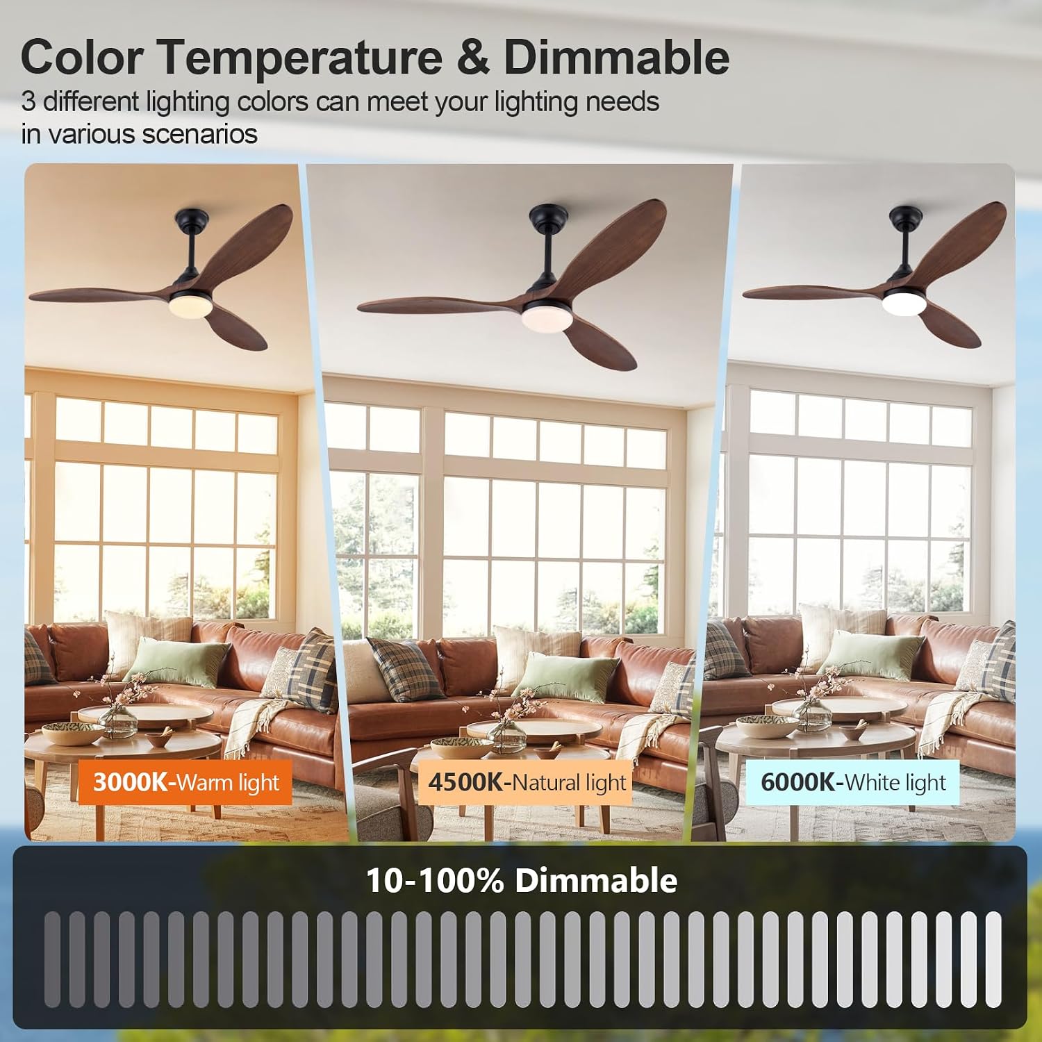 52 Inch Solid Wood Outdoor Ceiling Fans with Lights and Remote,Walnut 3 Blades,Dimmable,6 Speed Quiet DC Motor, Indoor Outdoor Ceiling Fan for Patios Bedroom Living Room